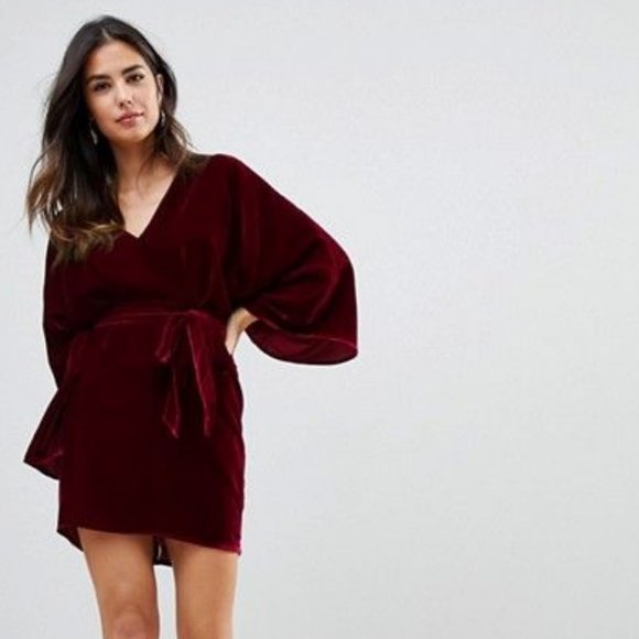 ASOS Dresses & Skirts - ASOS Velvet Plunge Kimono Super Mini Dress w/ Tie